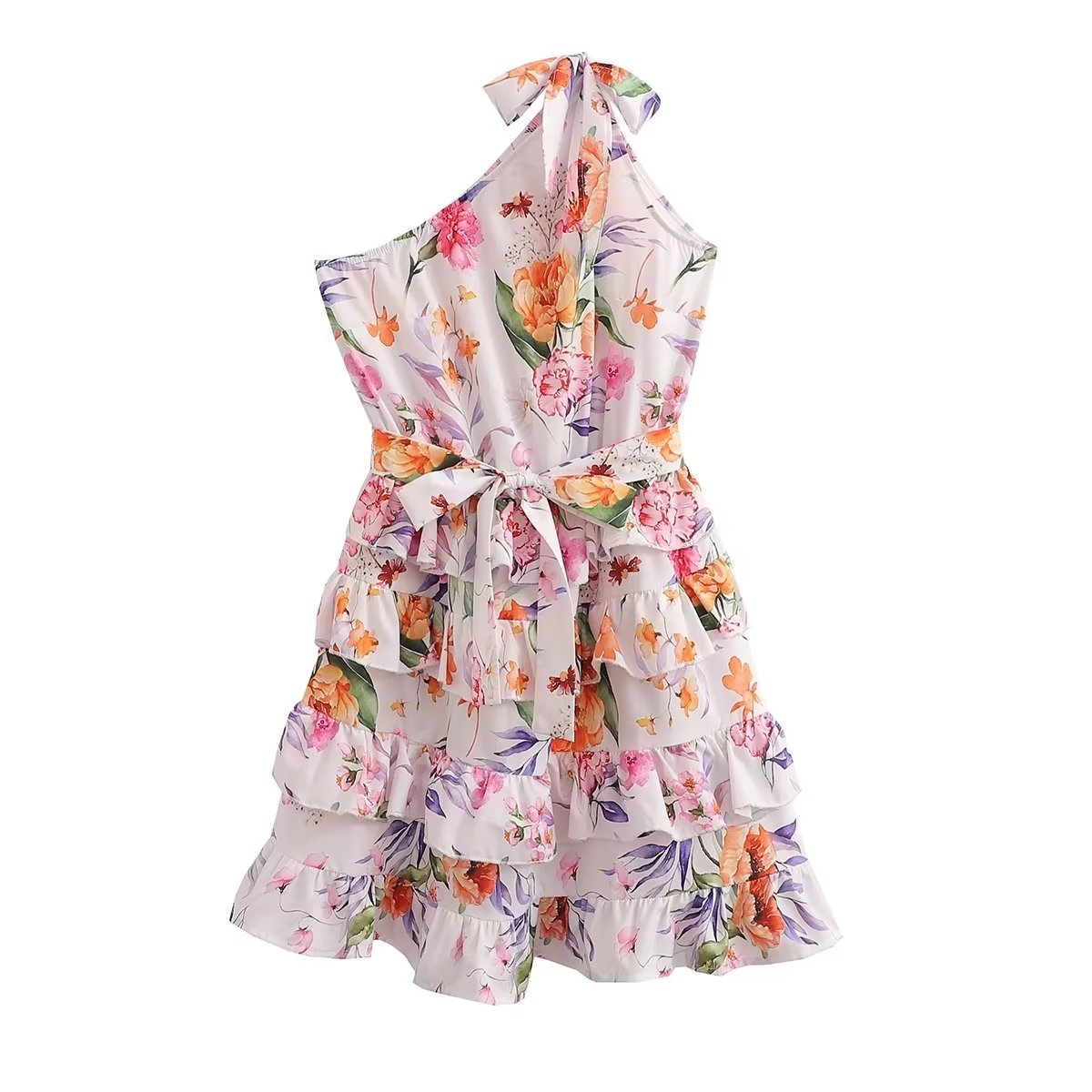 Spring Summer Women Floral Print round Neck Backless Tiered Dress Bella Mia